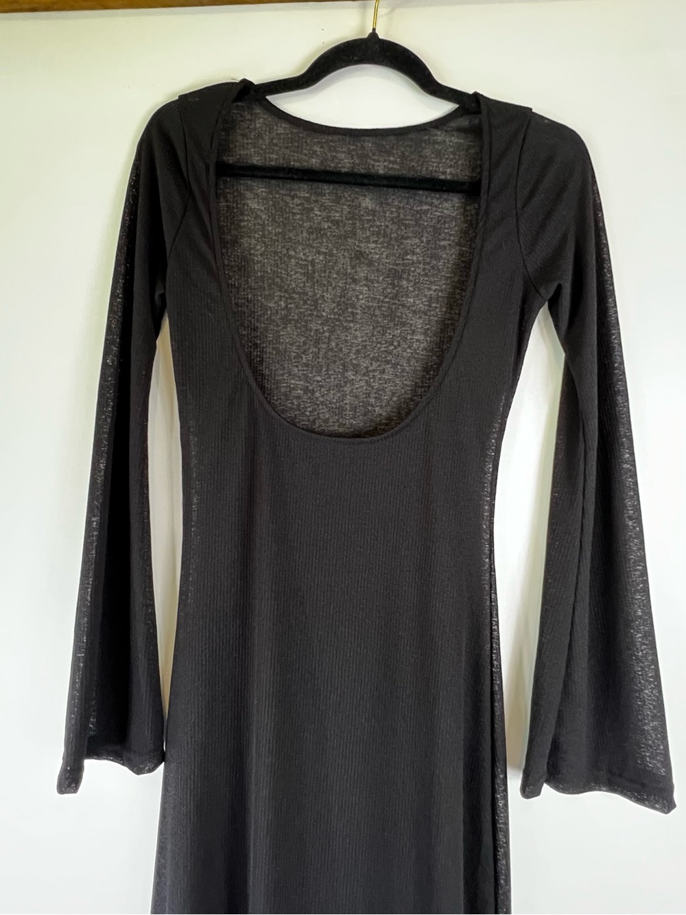 Black Long Sleeve Scoop Neck Maxi Dress Pool Cover Up Goth Vamp Whimsigoth Flare
